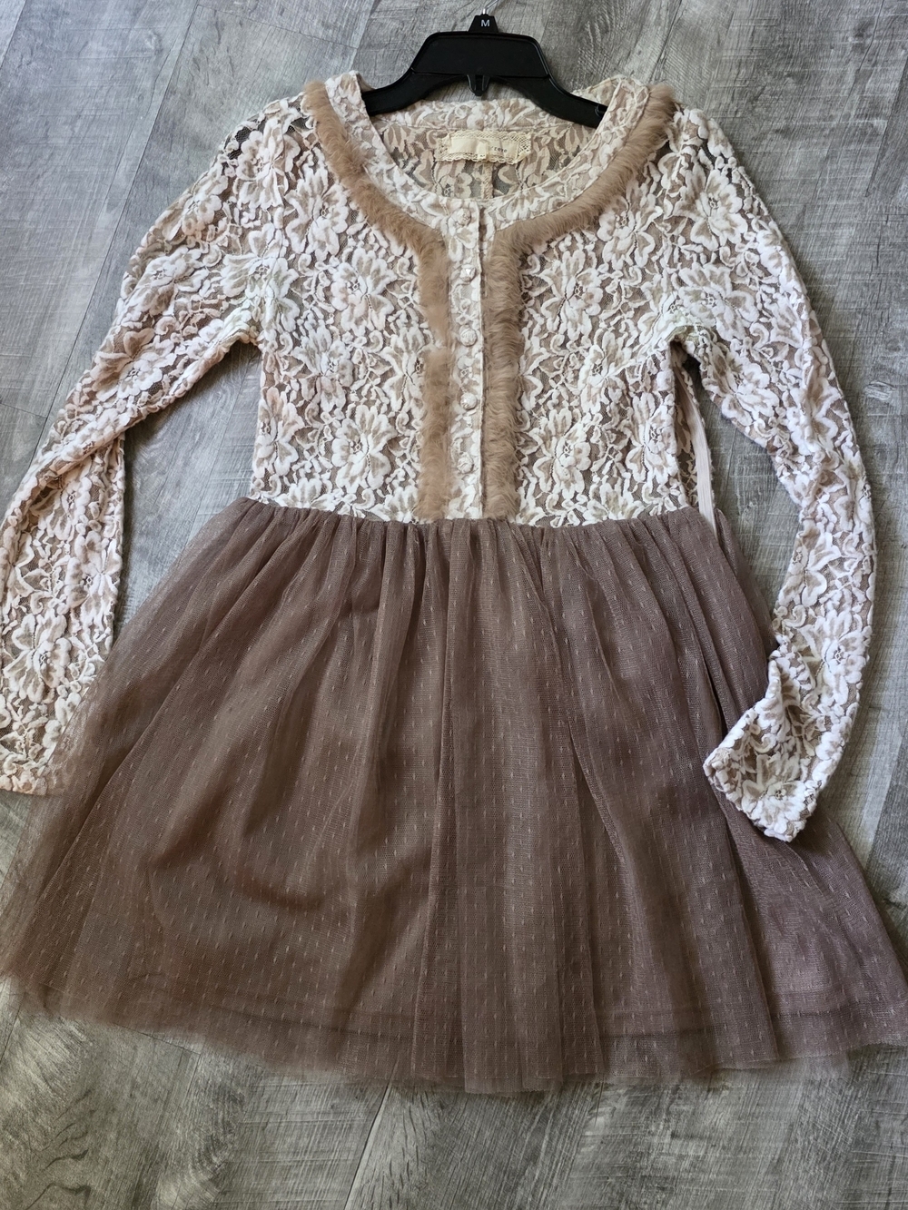 A'Reve Lace Bodice Tulle Midi Dress in Cream and Brown